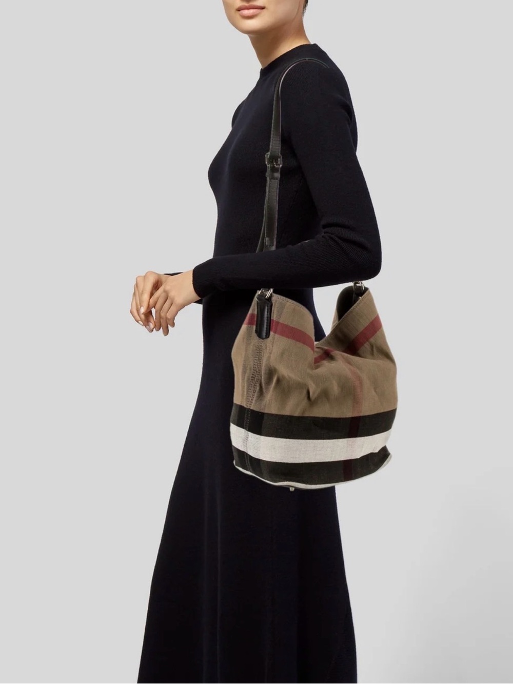 Burberry Beige & Black Stripe Canvas Shoulder Bag with Red Accent